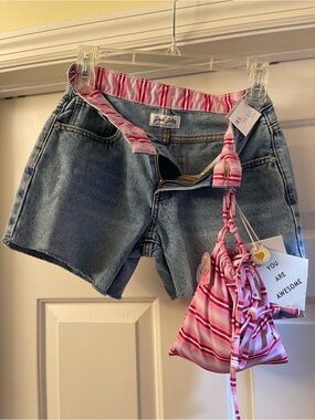 Simple Society Light Blue Denim Shorts with Two Piece Bikini Set